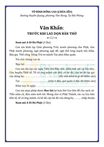 Văn khấn Tết trước khi lau dọn nhằm xin phép Gia tiên và chư vị Thần linh cho con cháu dọn dẹp không gian thờ cúng, tránh điều kiêng kỵ và chuẩn bị bàn thờ trang nghiêm đón năm mới an lành.