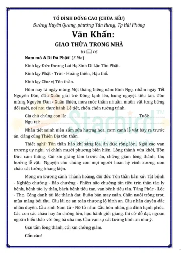 Văn khấn Tết 2026 trong lễ Giao thừa trong nhà là lời kính lễ Phật, Trời và chư vị Tôn thần, trình thời khắc năm mới và cầu mong gia đạo bình an, mọi việc hanh thông.